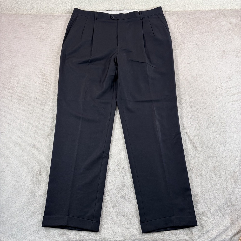 Vintage Zanella Pleated Cuffed Trouser Pants in Black Wool Men 40x34 Italy